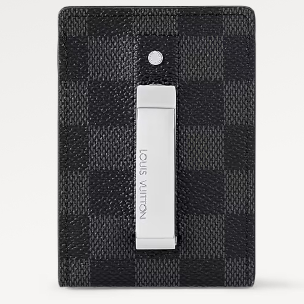 Louis Vuitton Black Checkered Card Holder with Silver Clip